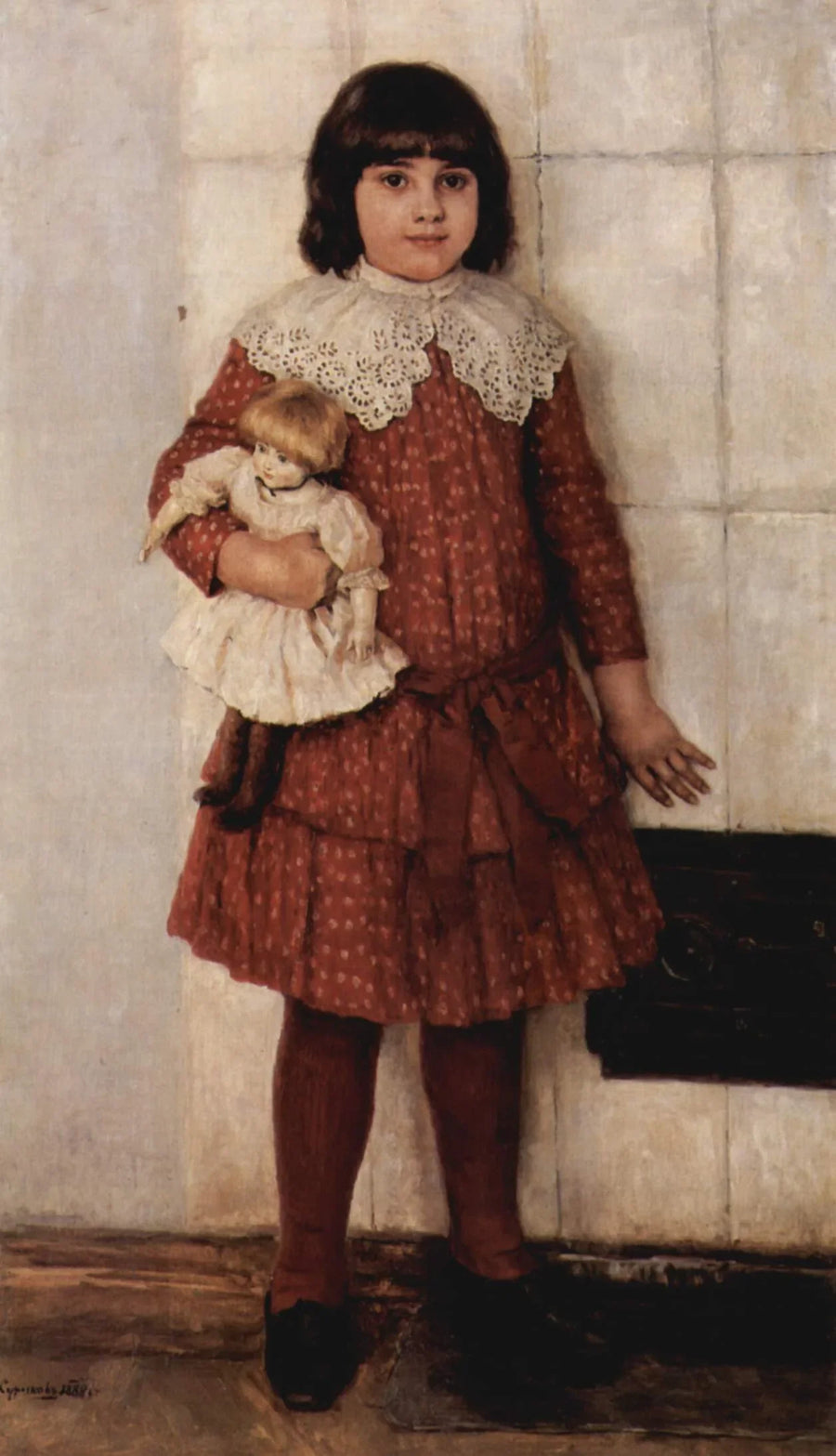 Portrait d'Olga Wassiljewna Surikowa, la fille de l'artiste (Fille à la poupée) - Vassili Sourikov image 1 reproduction de peinture à l’huile