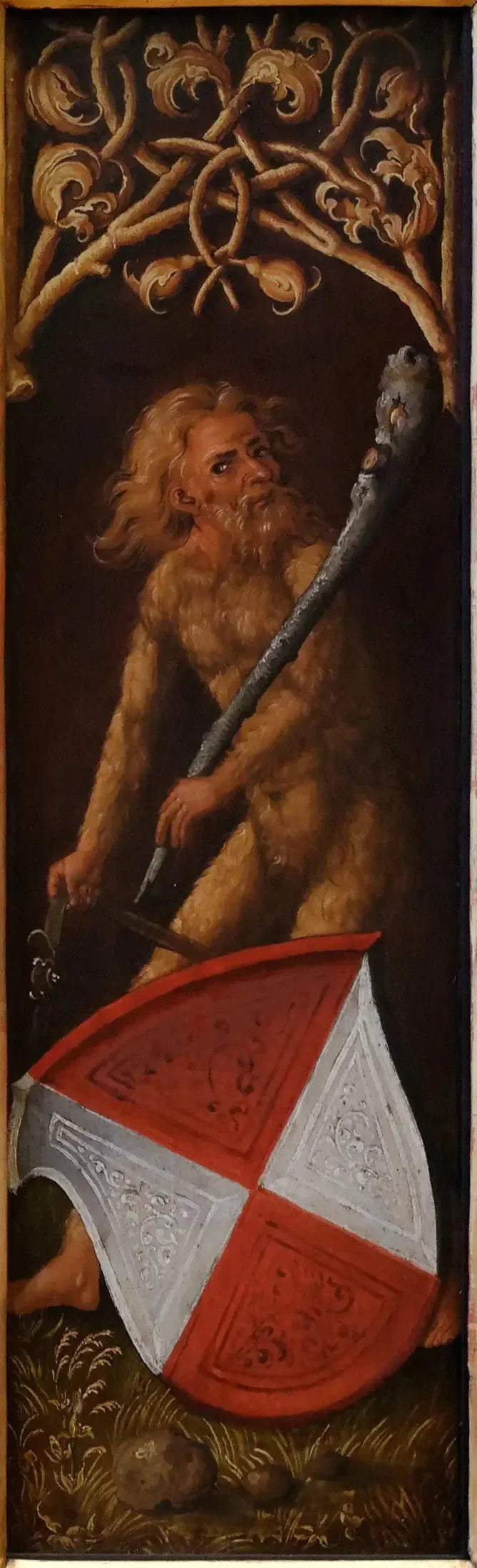 ภาพเหมือนของ Oswolt Krel: « ชายป่า Sylvains » พร้อมโล่เกรดดิ้งของ Agathe von Esendorf - Albrecht Dürer