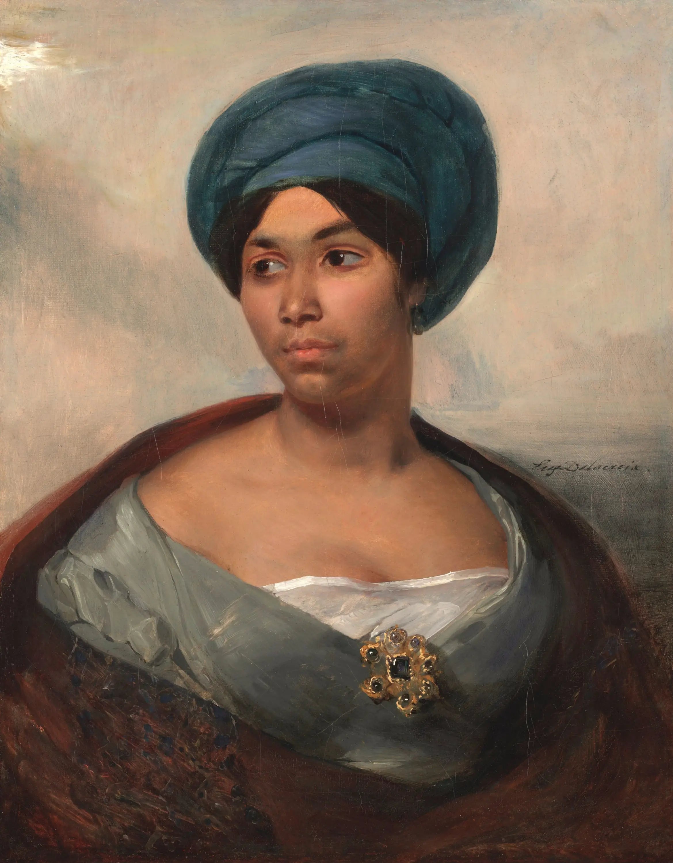Portrait d'une femme coiffée d'un turban bleu - Eugène Delacroix image 2 reproduction d’œuvre d’art à l’huile