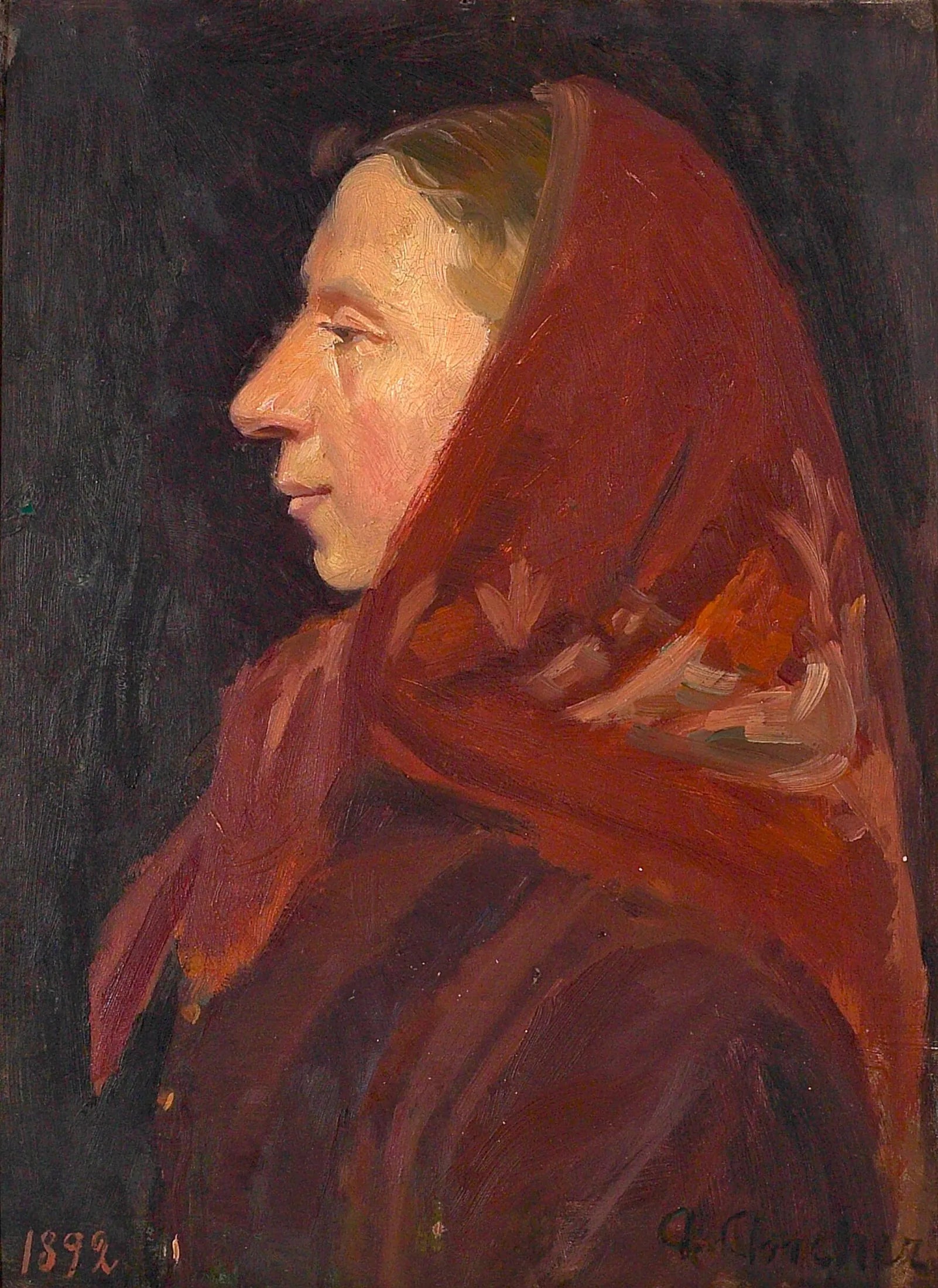 Portrait d'une femme portant un foulard rouge. - Anna Ancher image 1 reproduction artisanale de tableau