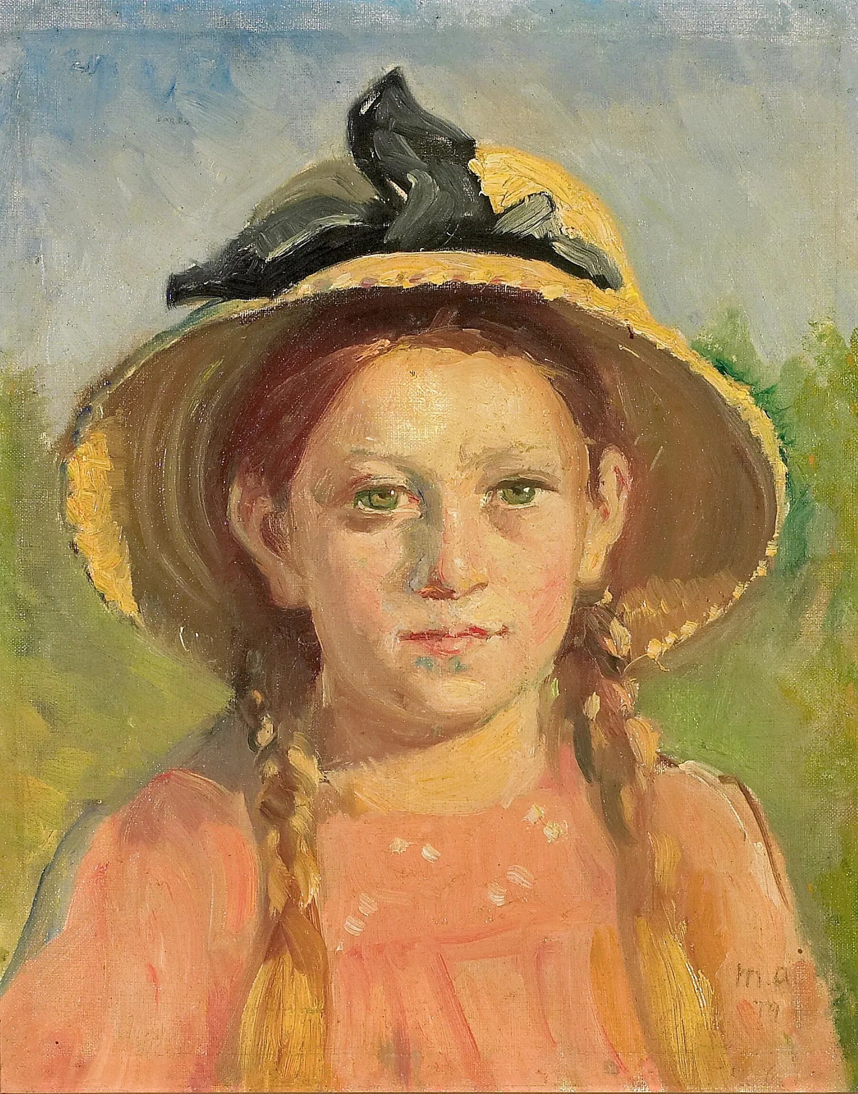 Portrait d'une jeune fille aux cheveux tressés et coiffée d'un chapeau de paille orné d'un ruban bleu. - Michael Peter Ancher image 1 copie de tableau peinte à la main