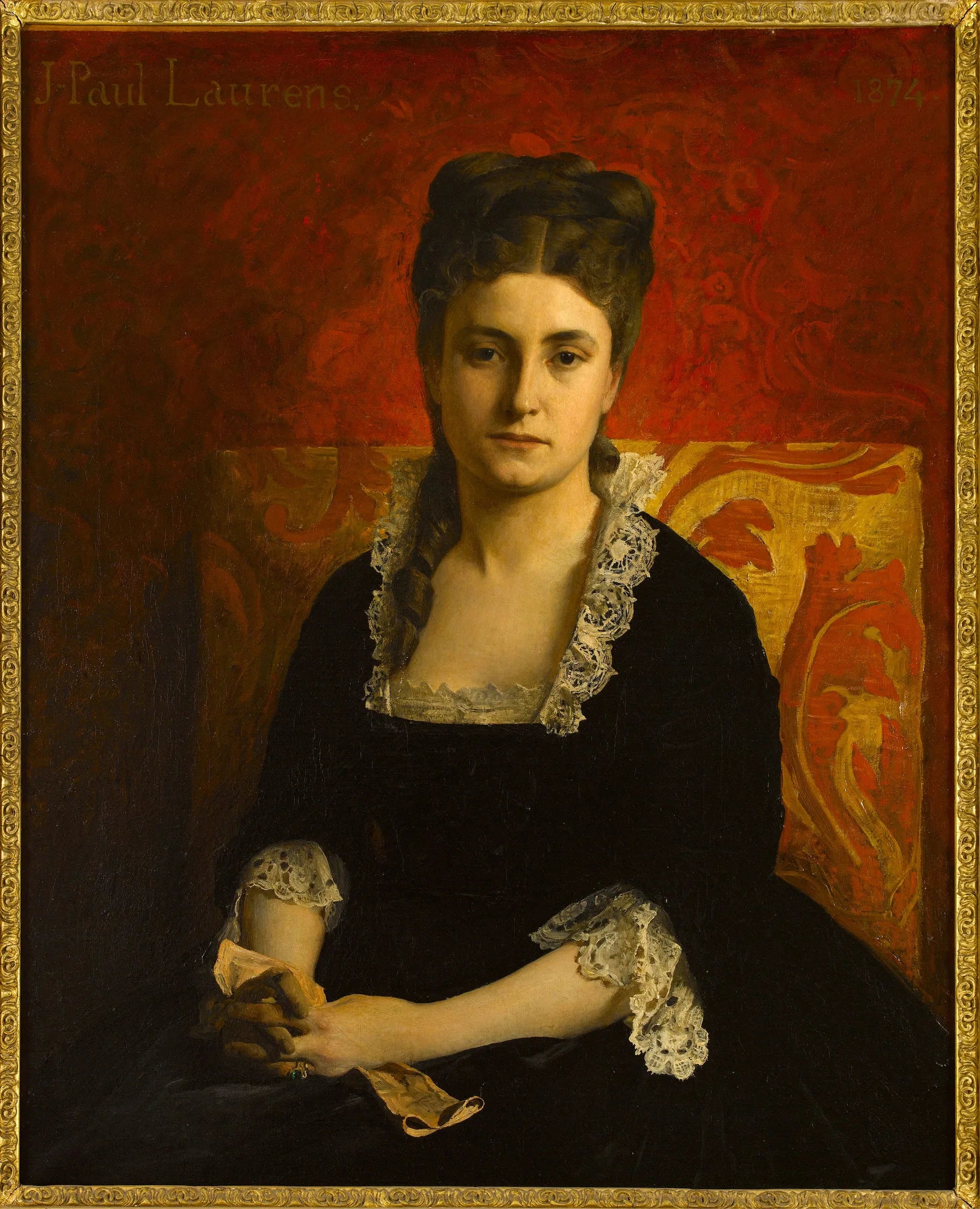 Portrait de femme en robe noire tenant un gant - Jean-Paul Laurens image 1 copie peinte à la main à l’huile