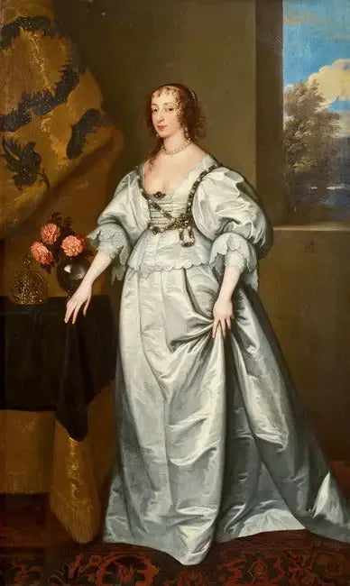 ภาพเหมือนของราชินี Henriette Marie ยืนเต็มตัวในชุดผ้าซาตินสีขาว - Antoine van Dyck