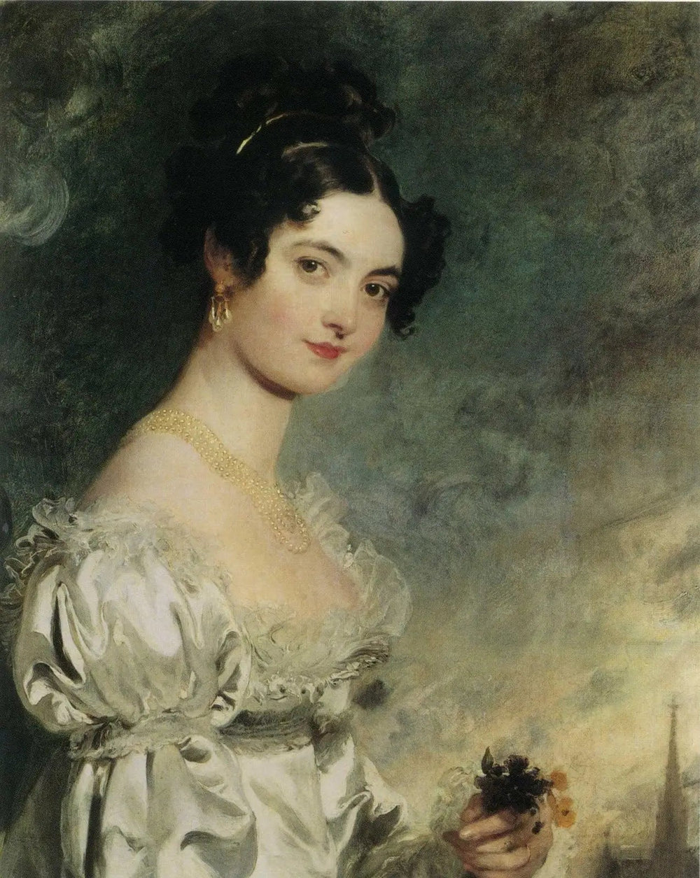 Portrait de Lady Selina Meade (1797–1872) à mi-corps dans une robe en satin ivoire avec la flèche de la cathédrale