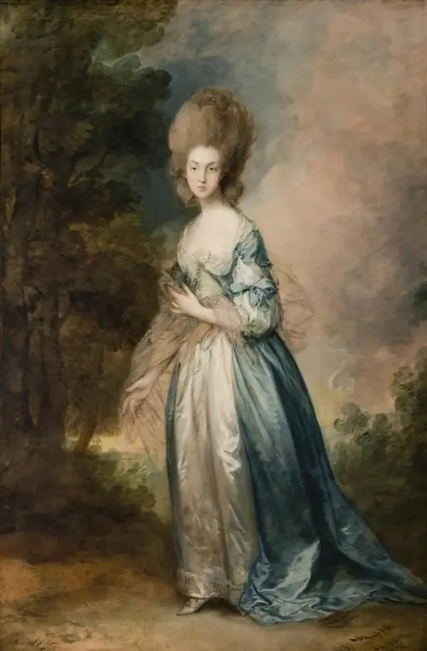 ภาพเหมือนของ Selina Thistlethwayte จากราชสำนักนอร์มังดี ยืนในชุดเดรสสีฟ้าและขาว - Thomas Gainsborough