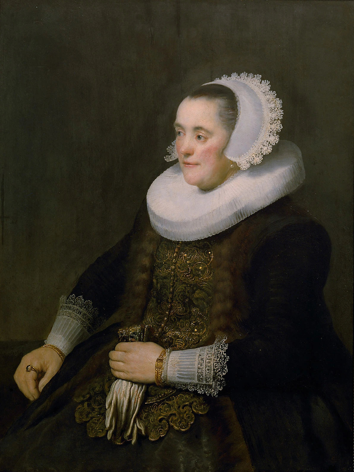 Portrait de femme tenant des gants — Rembrandt et atelier, vers 1632, Kunsthistorisches Museum