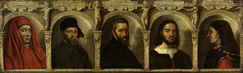 Portraits de cinq artistes, Giotto, Donatello, Michel-Ange, Raphaël et Brunelleschi - Francesco Salviati image 1 tableau peint à l’huile sur toile