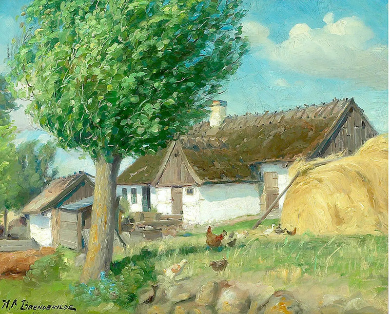 ไก่ตัวผู้หน้าฟาร์มที่มีหลังคามุงจาก - H. A. Brendekilde