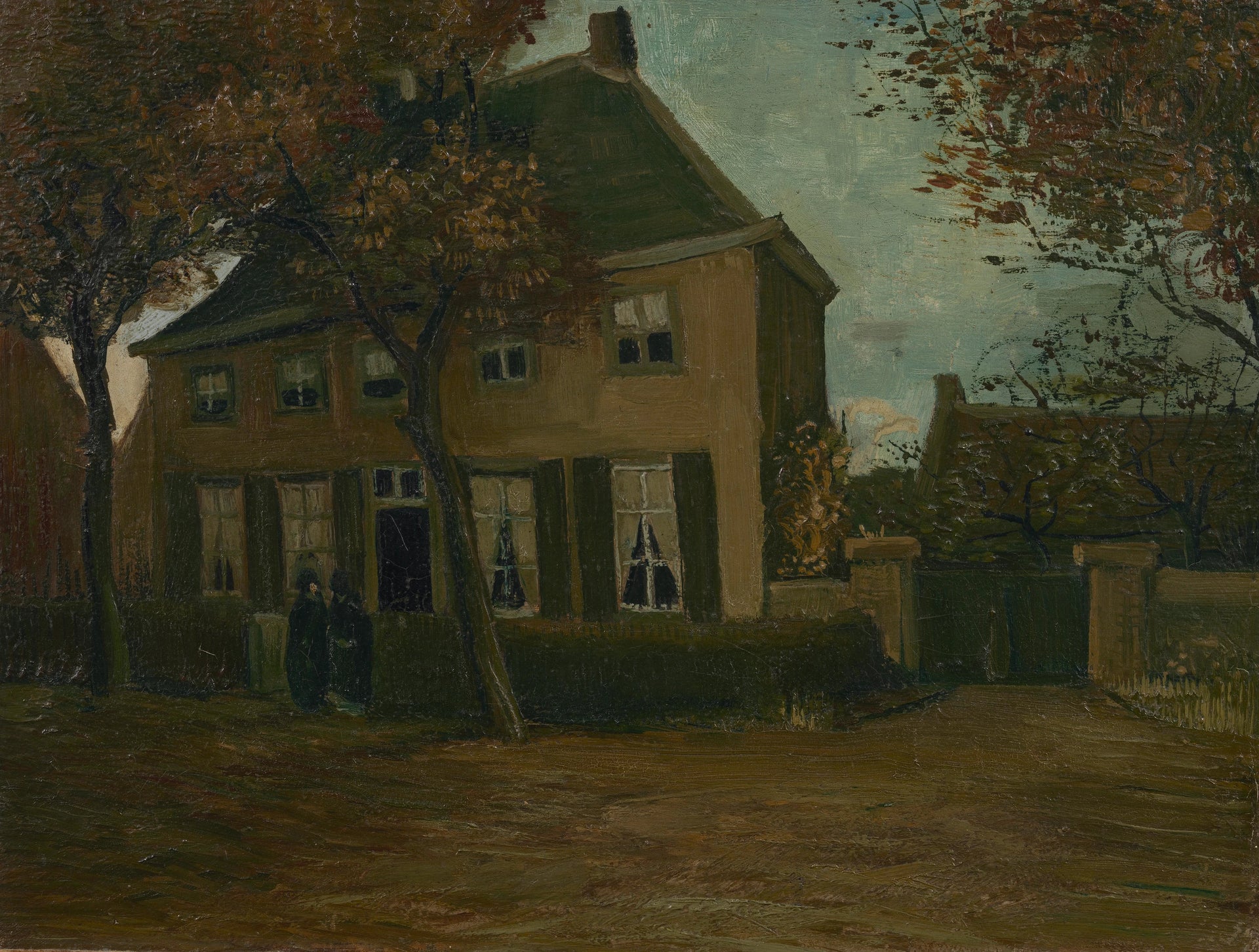 Le Presbytère de Nuenen F182 — façade de la maison des parents de Vincent van Gogh et deux femmes sous les arbres