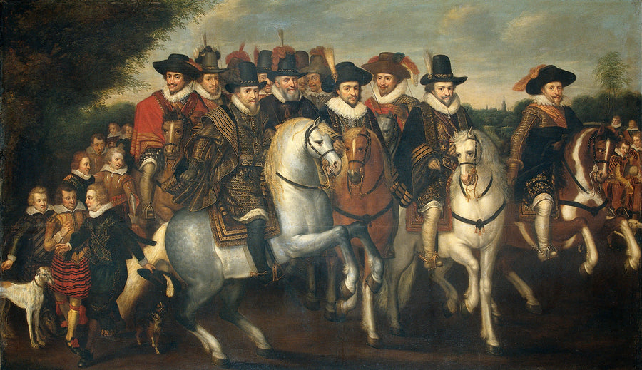 Le prince Maurice accompagné de ses deux frères, Frédéric V, électeur palatin et quelques comtes de Nassau à cheval - Adriaen Pietersz van de Venne