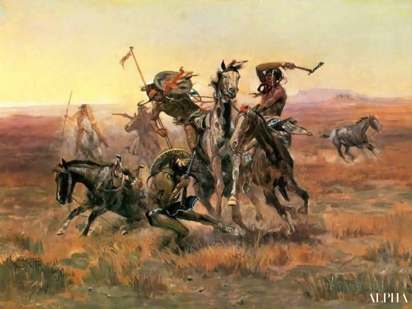 Reproduction du tableau « Quand les Blackfoot et les Sioux se rencontrent - Charles Marion Russell » par Alpha Reproduction en peinture à l’huile
