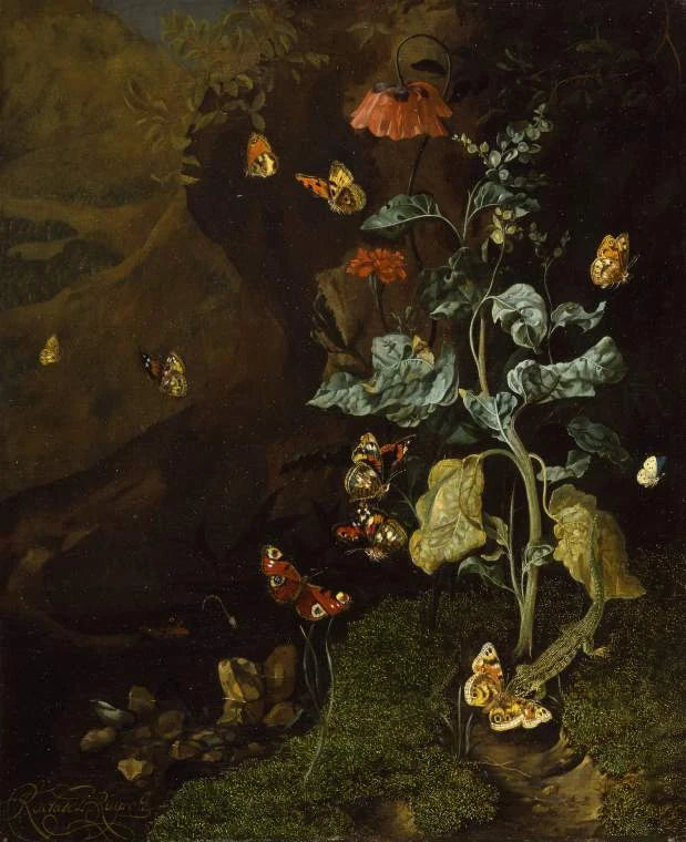 Insectes et lézard dans un sous-bois, peinture de Rachel Ruysch