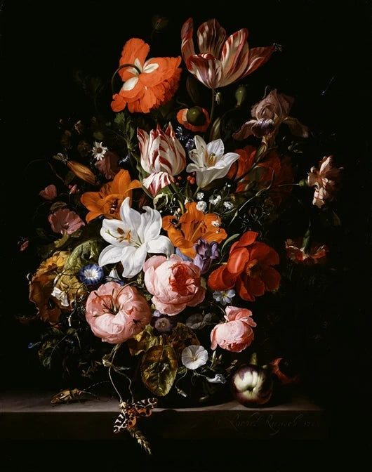 Fleurs dans un vase sur une dalle de pierre, 1704 - Rachel Ruysch