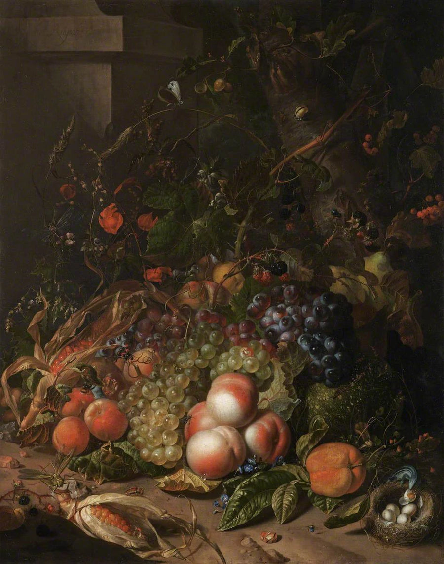 Fruits, nid d’oiseau et insectes, peinture de Rachel Ruysch