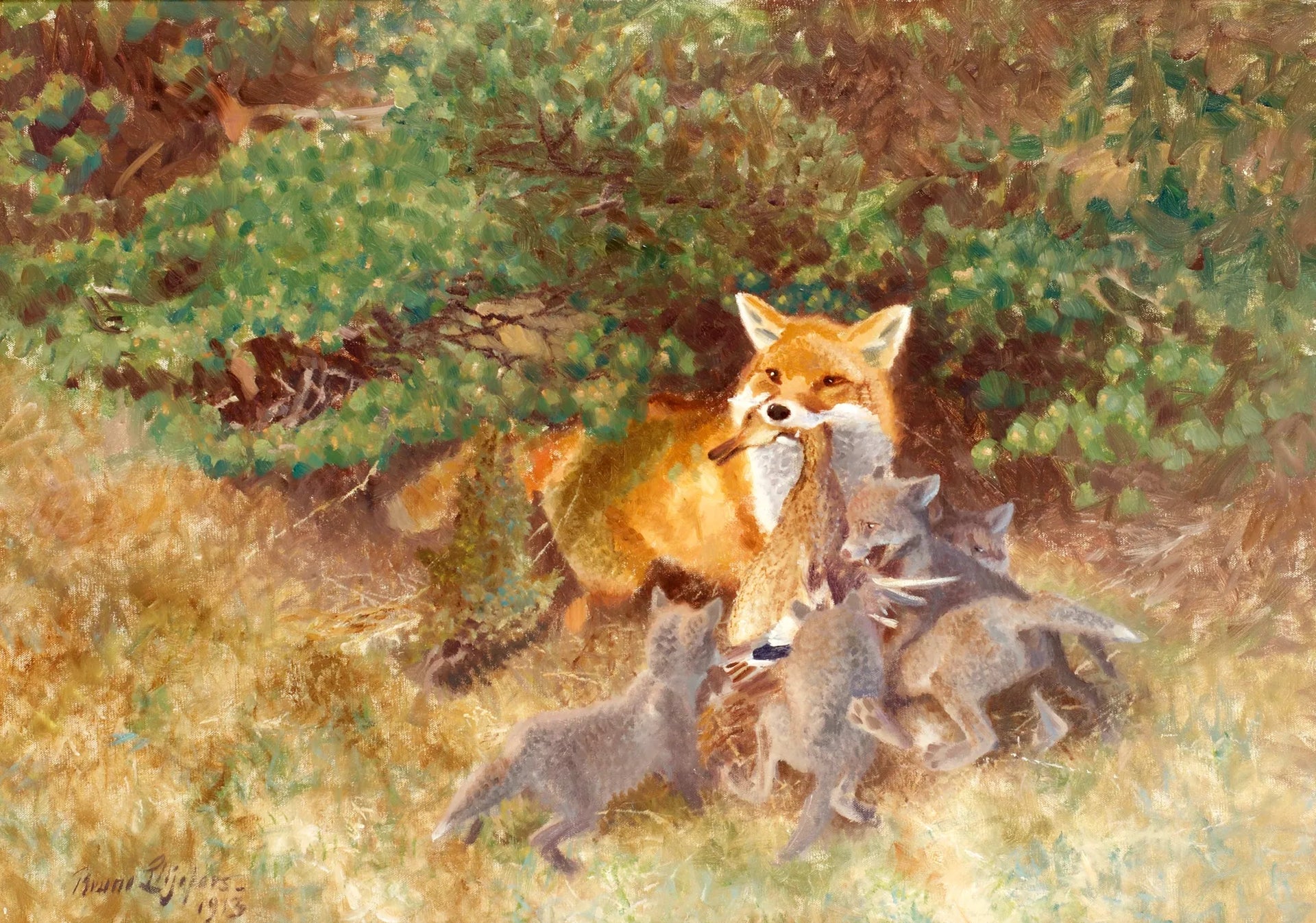 Rävhona med ungar och byte - Bruno Liljefors image 1 tableau peint à l’huile sur toile
