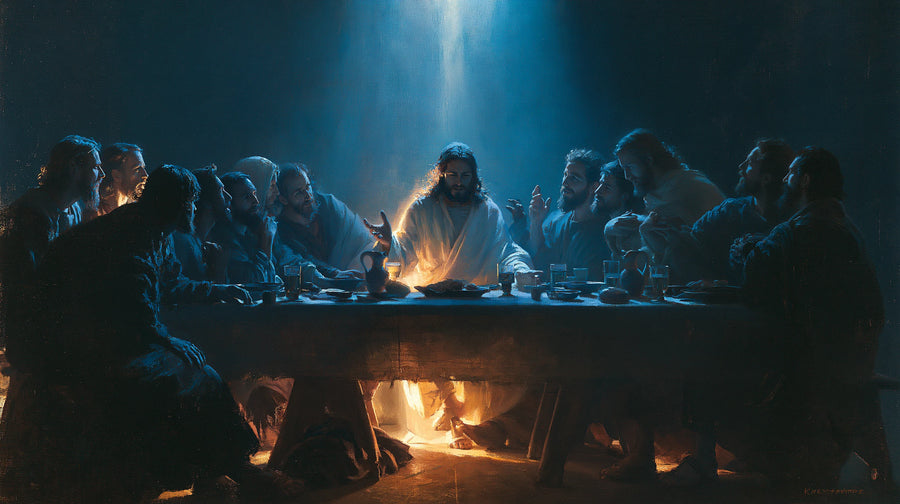 Le Christ et les apôtres réunis autour d’une table éclairée de bleu et d’une lueur dorée