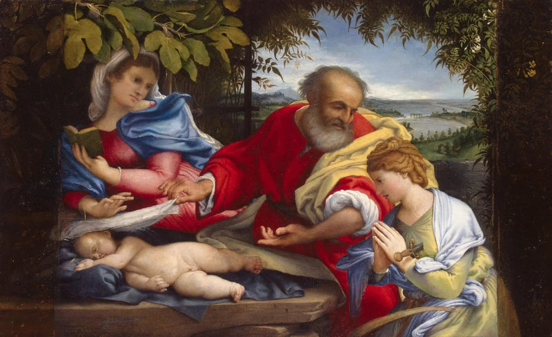 พักผ่อนระหว่างการอพยพไปอียิปต์กับนักบุญจูสติน - Lorenzo Lotto