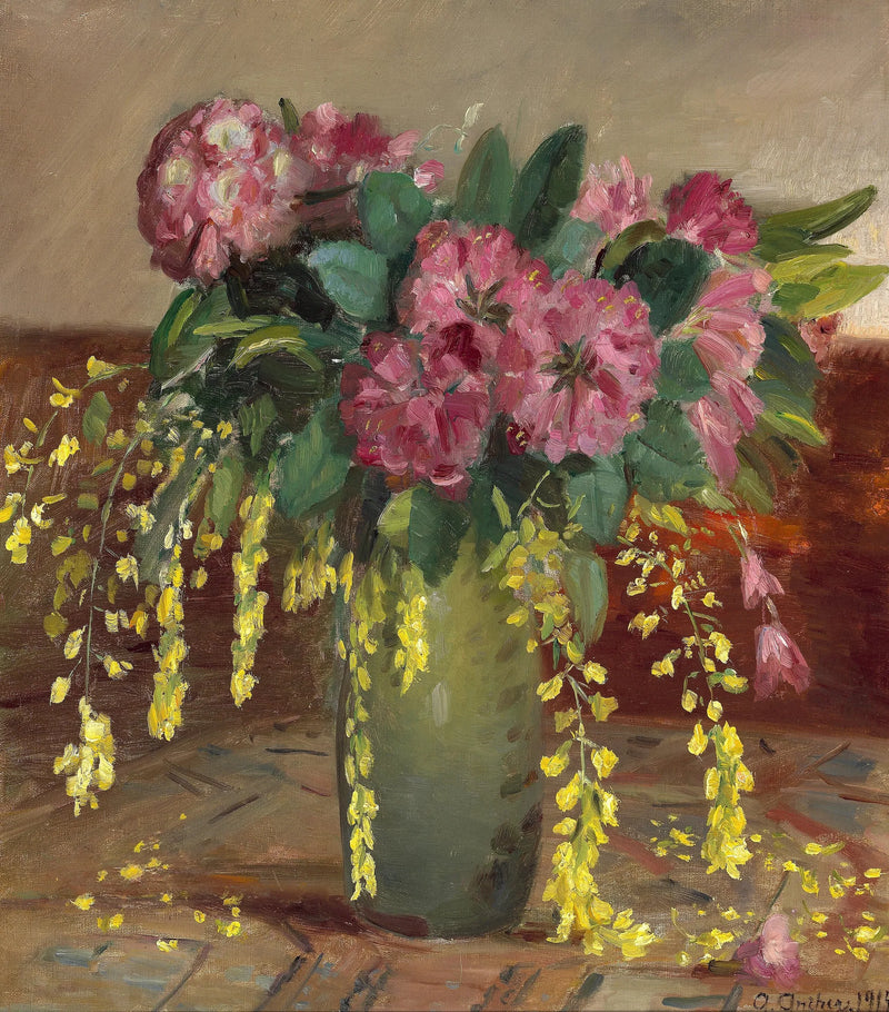 รอด็อดเอนดรอนสีชมพูและไซทิสในแจกันสีเขียว - Anna Ancher