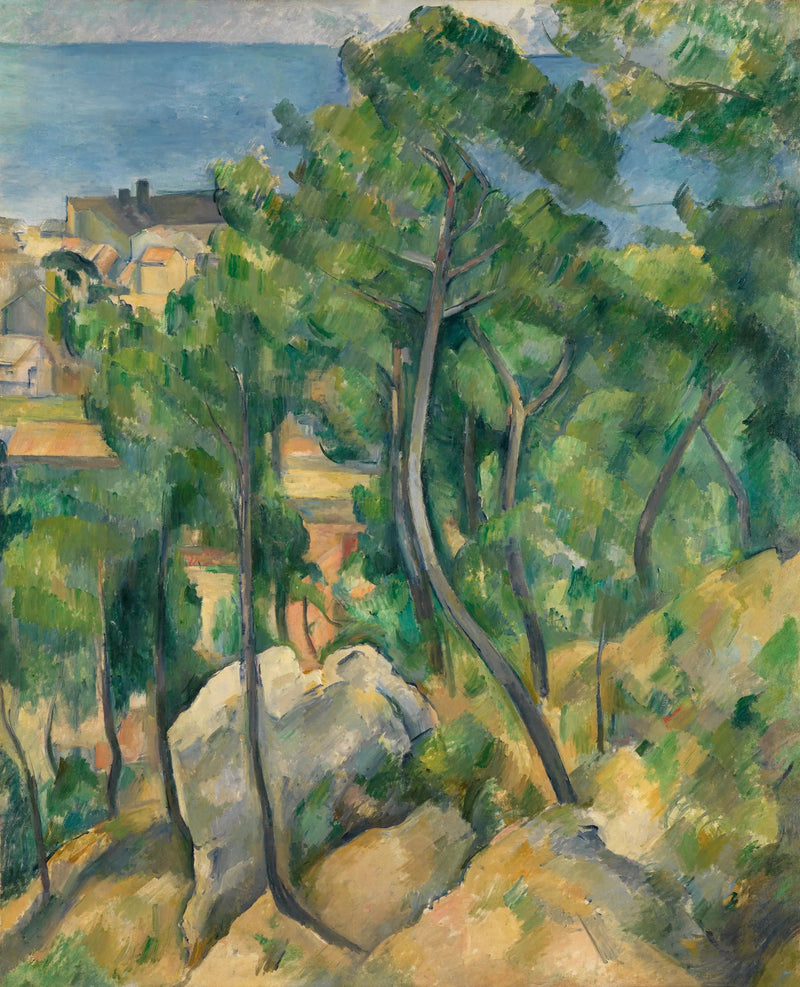 โขดหิน ต้นสน และทะเลที่เอลสตาค - Paul Cézanne