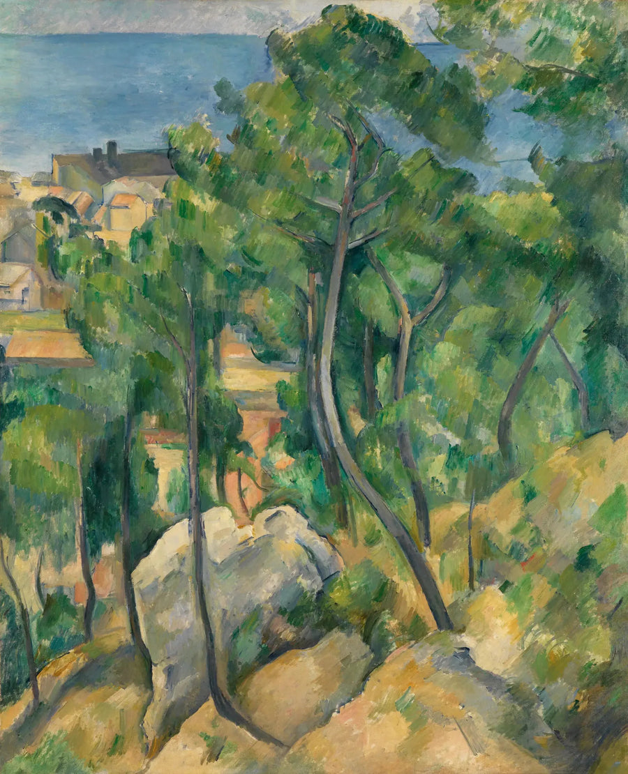 โขดหิน ต้นสน และทะเลที่เอลสตาค - Paul Cézanne