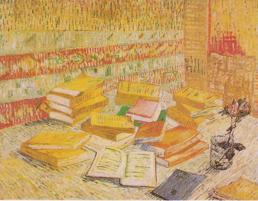 ภาพนิ่งพร้อมนวนิยายภาษาฝรั่งเศสและกุหลาบในแก้ว - Vincent van Gogh