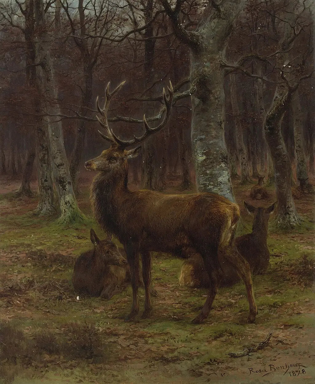 Cerf et biches dans la forêt, automne, peinture de Rosa Bonheur