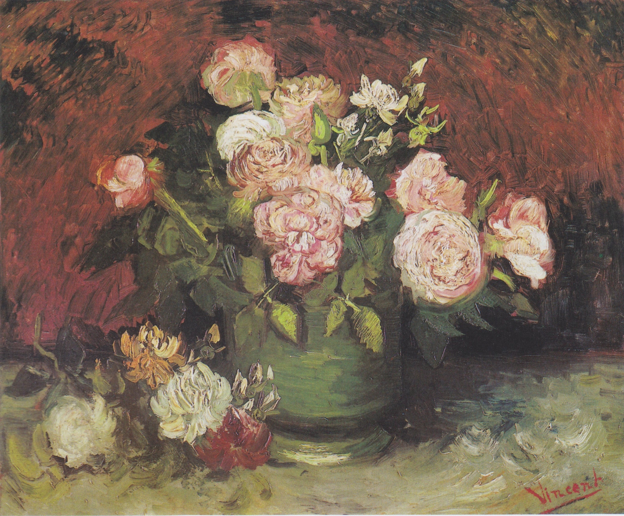 Roses et pivoines F249 — bouquet rose et blanc dans un bol vert avec fleurs coupées par Vincent van Gogh