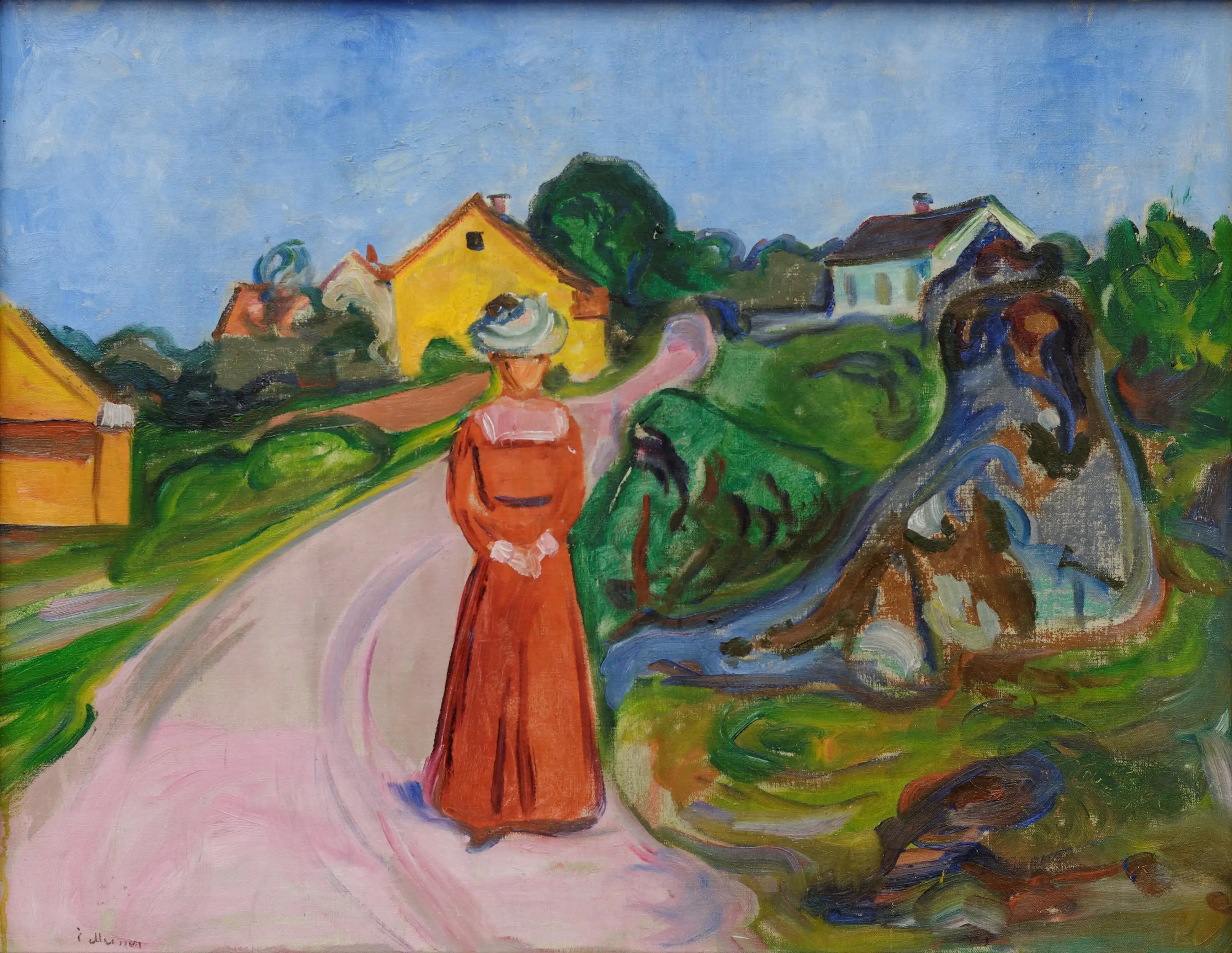 Reproduction du tableau « rue d'Åsgårdstrand et Femme en robe rouge - Edvard Munch » par Alpha Reproduction en peinture à l’huile