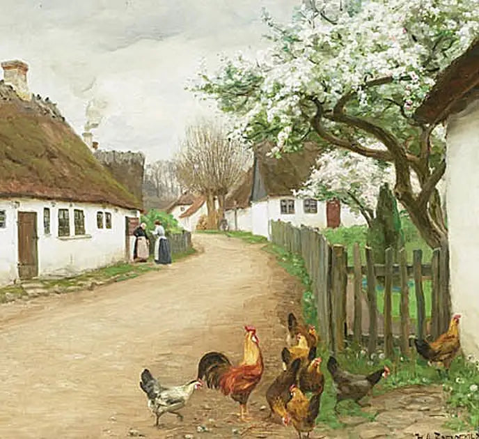 ถนนในหมู่บ้านพร้อมไก่และผู้หญิงสองคนกำลังพูดคุย - H. A. Brendekilde