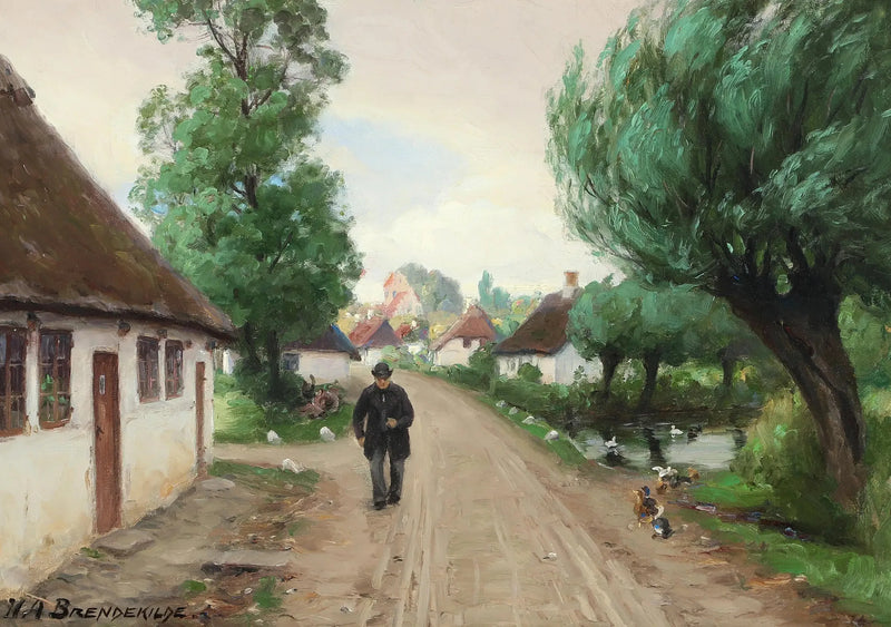 ถนนในหมู่บ้านพร้อมชายและเป็ดที่ขอบบึง - H. A. Brendekilde