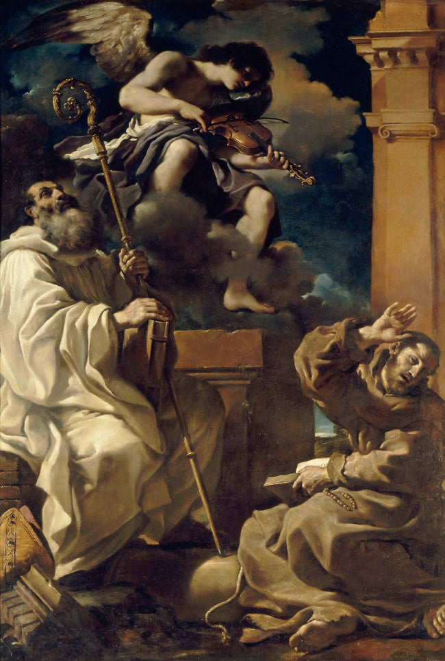 เซนต์ฟรานซิสในความเมามายพร้อมกับเซนต์เบเนดิกต์และเทวดาเครื่องดนตรี - Guercino