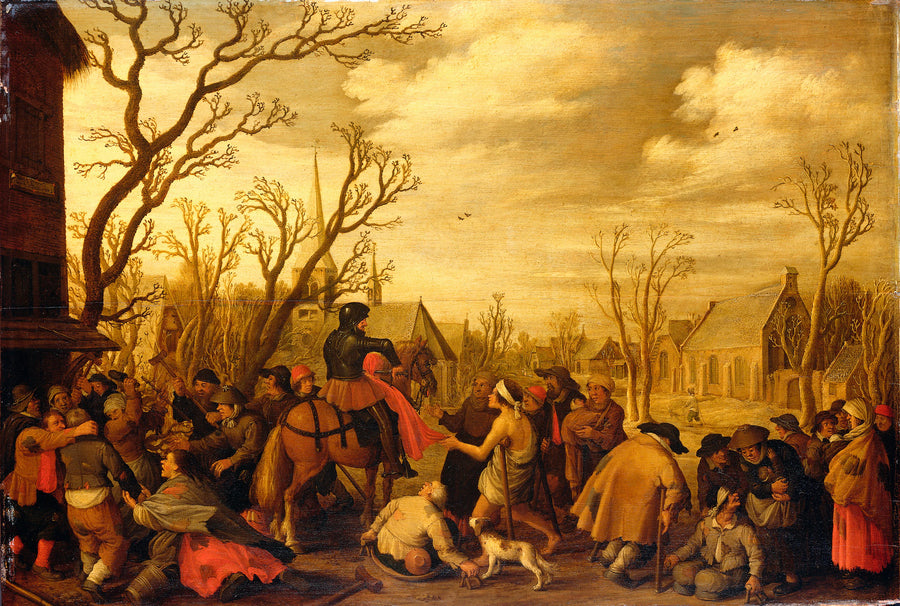 Saint Martin coupe un morceau de son manteau pour le donner à un mendiant - Joost Cornelisz. Droochsloot