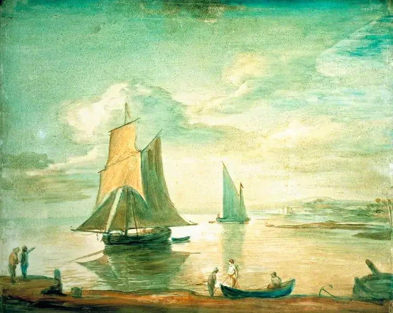 ฉากชายฝั่งพร้อมเรือใบและเรือพายและตัวละครบนฝั่ง - โทมัส เกนส์บรูก