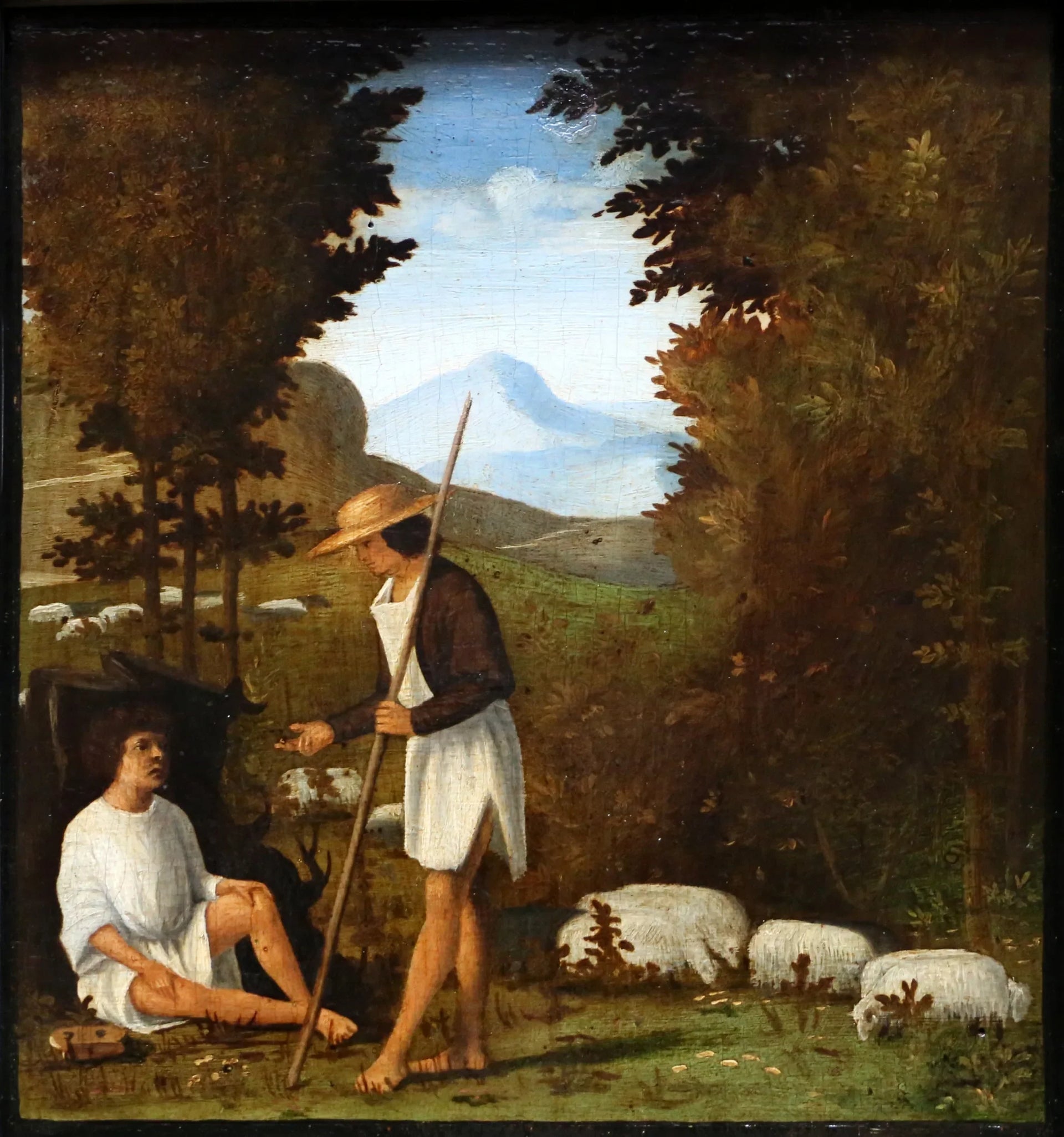 scene dalle ecloghe di tebaldeo, la storia di damone, pastore thyrsi - Andrea Previtali image 1 tableau peint à l’huile sur toile