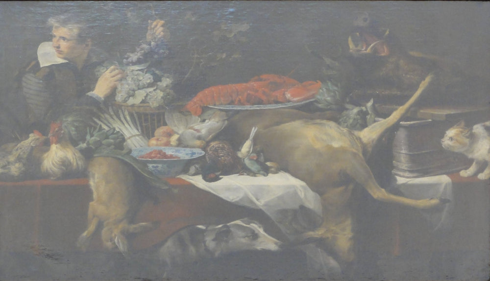 Scène de cuisine avec du gibier et des légumes, un garçon de cuisine tenant une grappe de raisin. - Frans Snyders image 1 tableau peint à l’huile sur toile