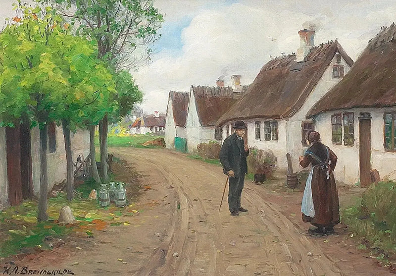 ฉากหมู่บ้านจิลลิงเงอ พร้อมผู้คนพูดคุยกัน - H. A. Brendekilde