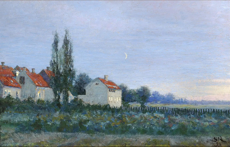 ฉากยามค่ำคืนพร้อมบ้านเรือนและต้นป็อปลาร์ - Peder Severin Krøyer