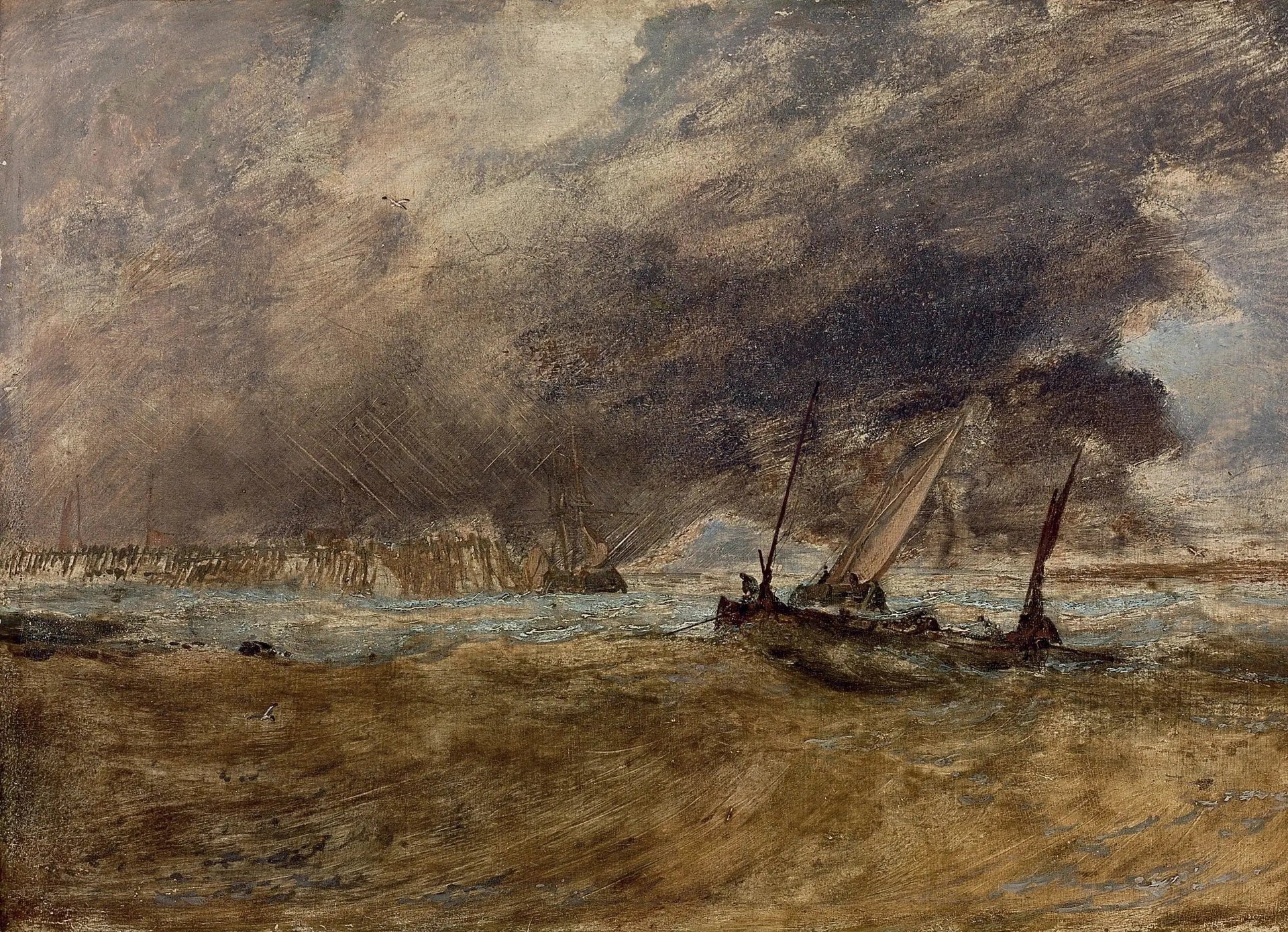 Seapiece with fishing boats off a wooden pier, a gale coming in - J. M. W. Turner image 1 tableau peint à l’huile sur toile