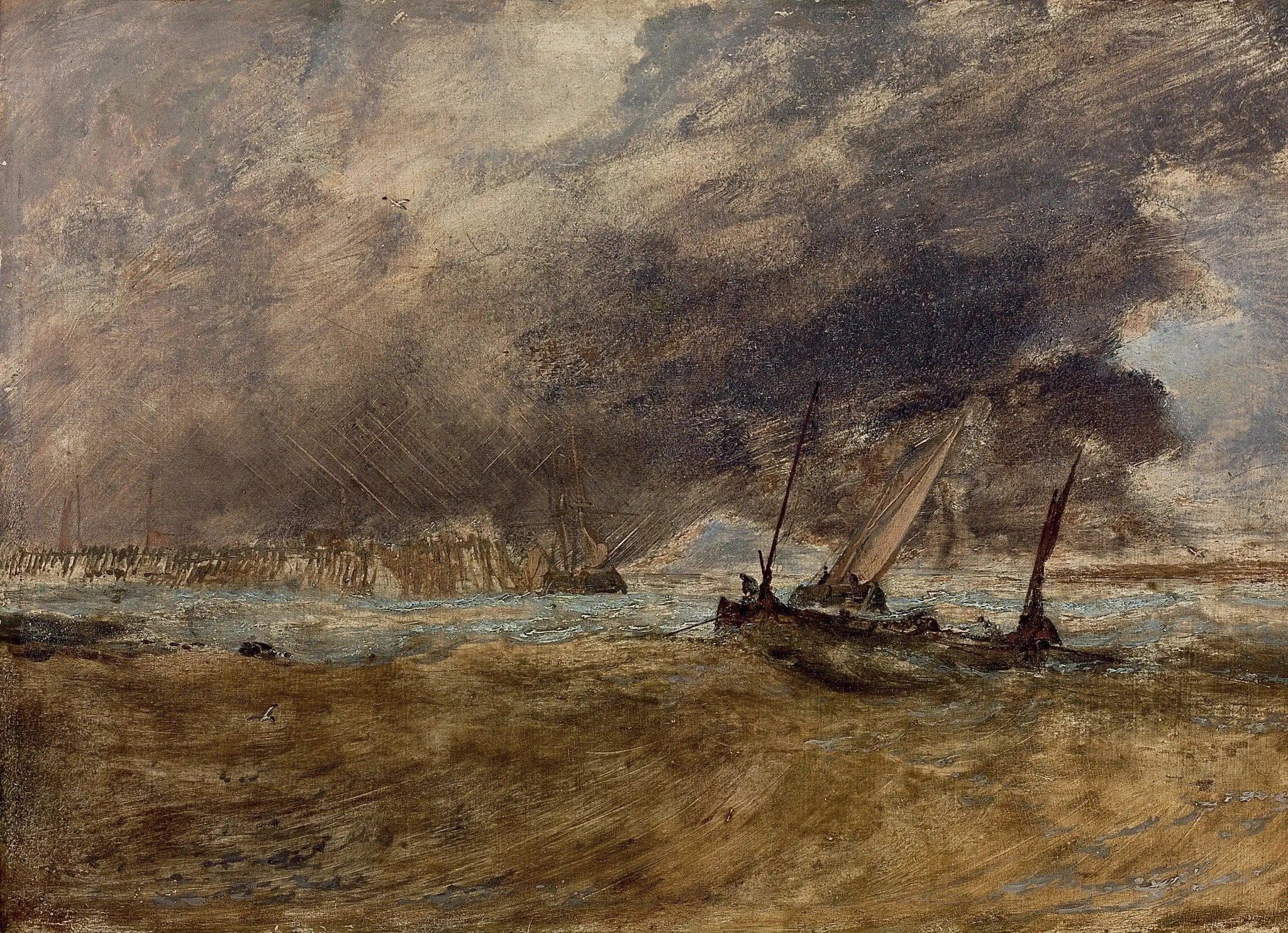 Seapiece with fishing boats off a wooden pier, a gale coming in - J. M. W. Turner image 1 tableau peint à l’huile sur toile