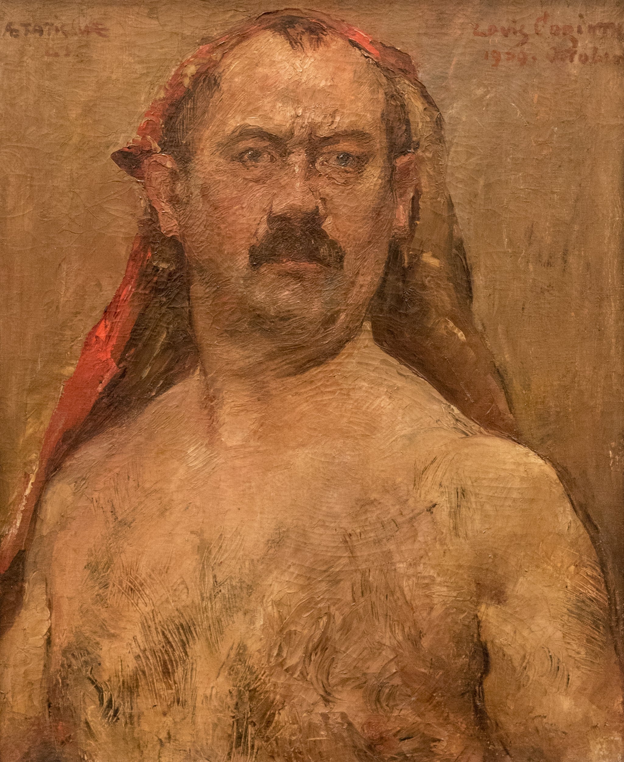 Selbstbildnis als Halbakt mit rotem Kopftuch - Lovis Corinth image 1 reproduction d’œuvre d’art à l’huile