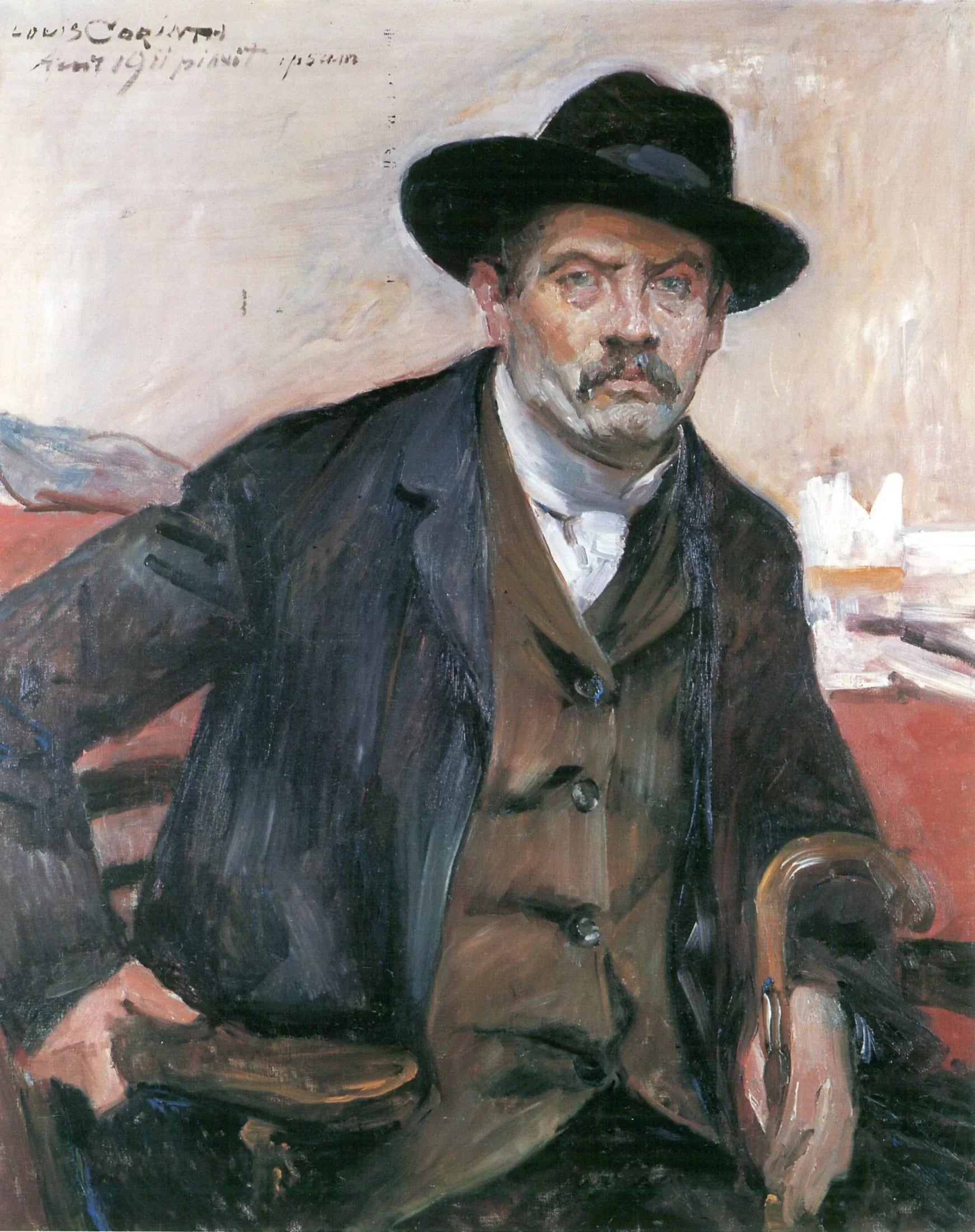 Selbstporträt mit schwarzem Hut und Stock - Lovis Corinth image 1 reproduction de peinture à l’huile