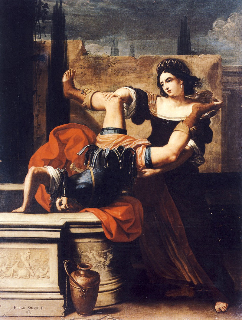 Timoclée jetant le capitaine d’Alexandre dans le puits - Elisabetta Sirani