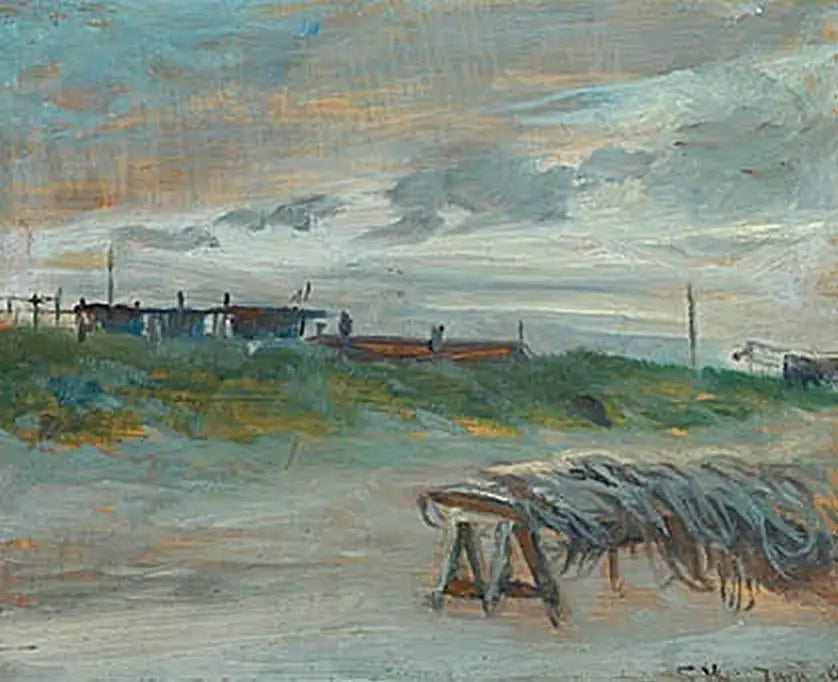 Skagen Sønderstrand par une soirée de juin, par temps nuageux. Filets de pêche devant. - Peder Severin Krøyer image 1 copie peinte à la main à l’huile