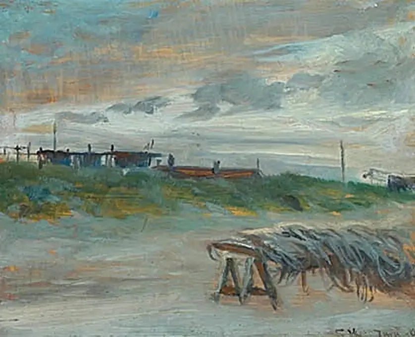 Skagen Sønderstrand par une soirée de juin, par temps nuageux. Filets de pêche devant. - Peder Severin Krøyer image 1 copie peinte à la main à l’huile