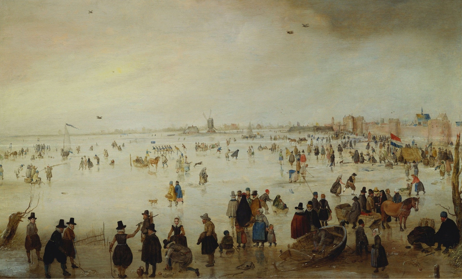 Skaters and Golf Players on Frozen Floodwaters by the Broederpoort at Kampen - Hendrick Avercamp image 1 copie de tableau peinte à la main