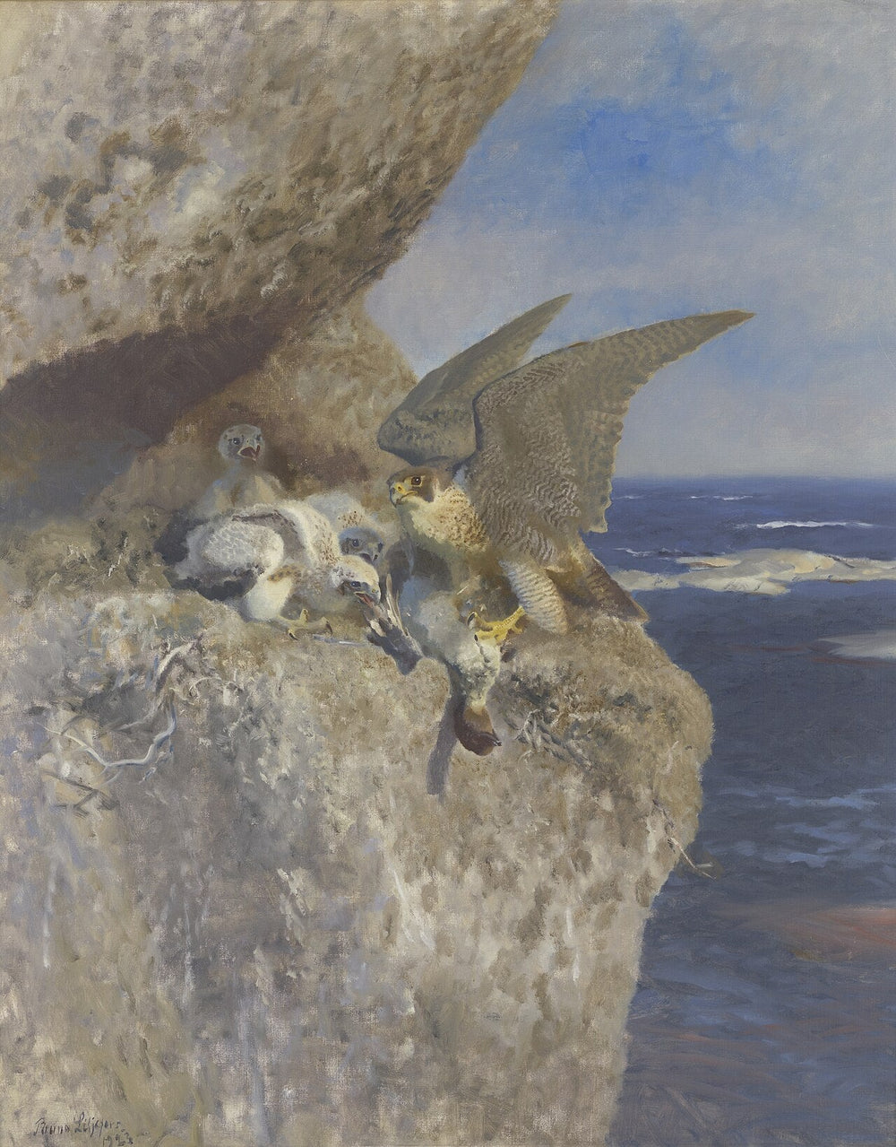 Slechtvalk met nonnetje als prooi bij zijn nest aan de kust - Bruno Liljefors image 1 reproduction artisanale de tableau