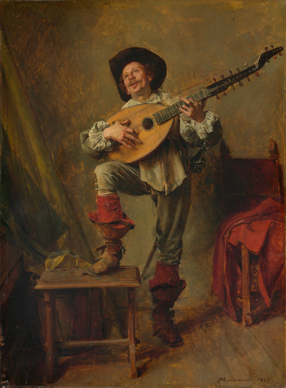 Soldat jouant du théorbe - Ernest Meissonier image 1 copie peinte à la main à l’huile