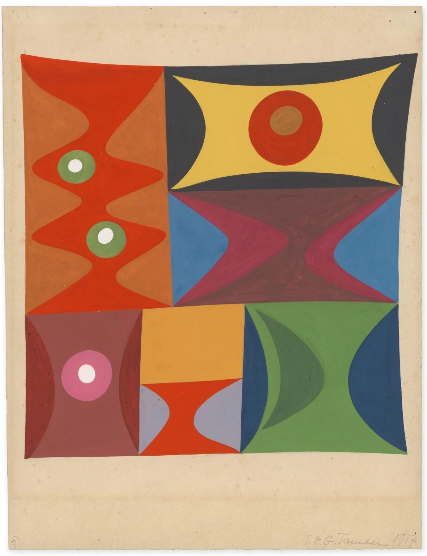 Formes élémentaires en composition verticale-horizontale (1917, version 3), peinture de Sophie Taeuber-Arp