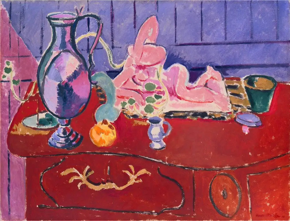 Statuette et cruche roses sur une commode rouge - Henri Matisse image 1 reproduction réalisée par Alpha Reproduction