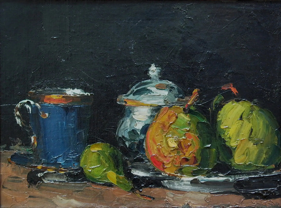 โถน้ำตาล, ลูกแพร์ และถ้วยสีน้ำเงิน - Paul Cézanne